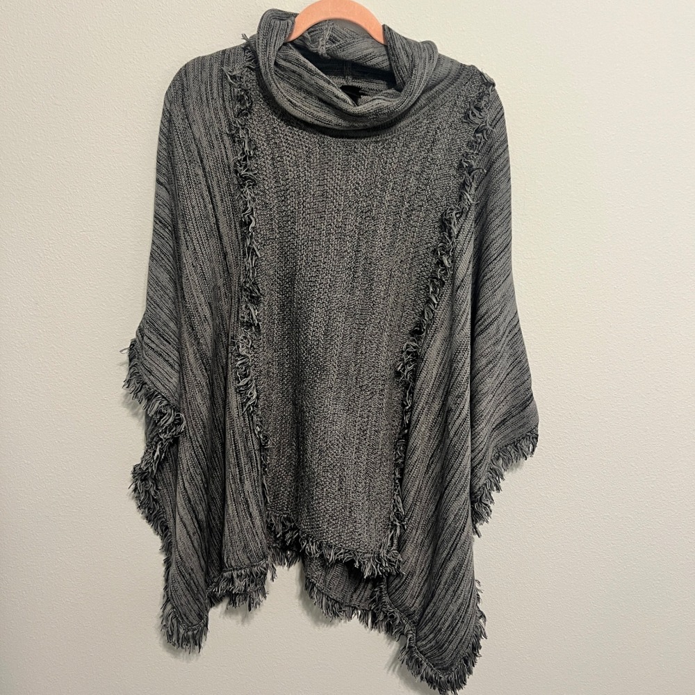 Ali Miles Womens Grey Marled Cowl Neck Fringe Trim Poncho Sweater L/XL
